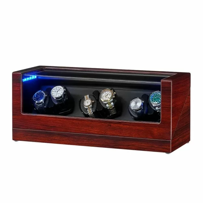 Jqueen Six Watch Winders Box Wood Red Build in Led Illuminated