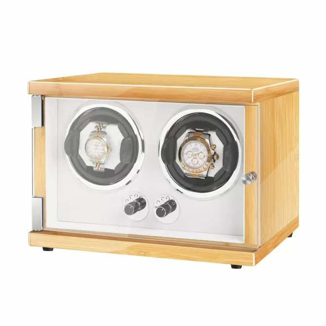 Jqueen Double Watch Winders Box Wooden Yellow and White with LED Light