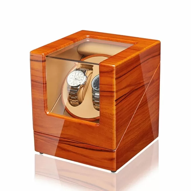 Jqueen Double Watch Winders Wooden Box with Brown Pillow