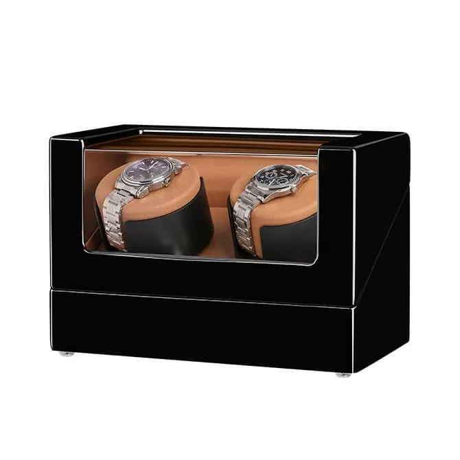 Jqueen Double Watch Winders Box with Black Wooden and Brown Pillow