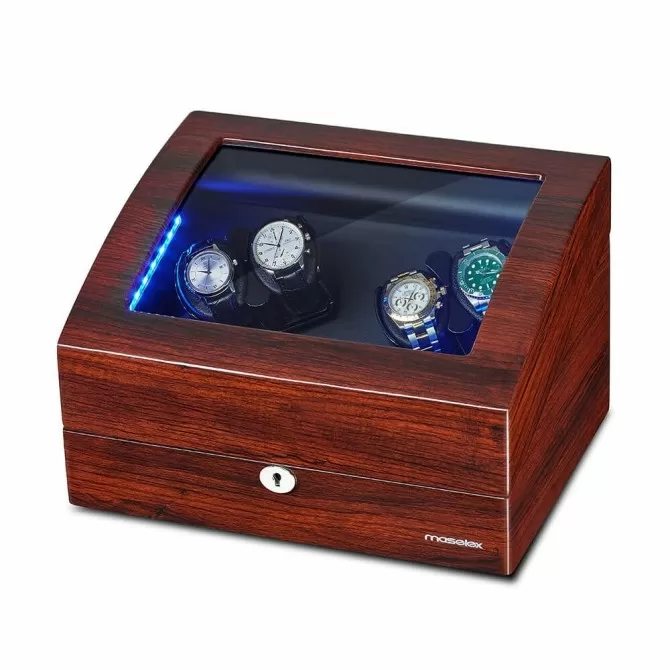 Jqueen Quad Watch Winders Box Wooden Dark Red with 6 Storages with LED Light