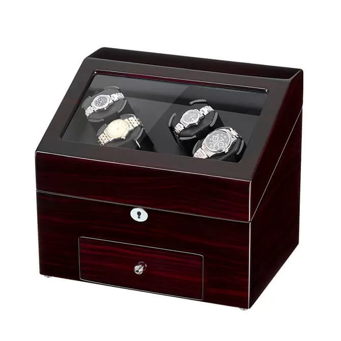 Jqueen Quad Watch Winders Box Black Ebony with 9 Storages