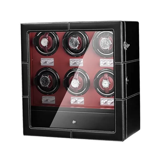 Jqueen 6 Watch Winders Box With Six Watches Storage Black Red Leather