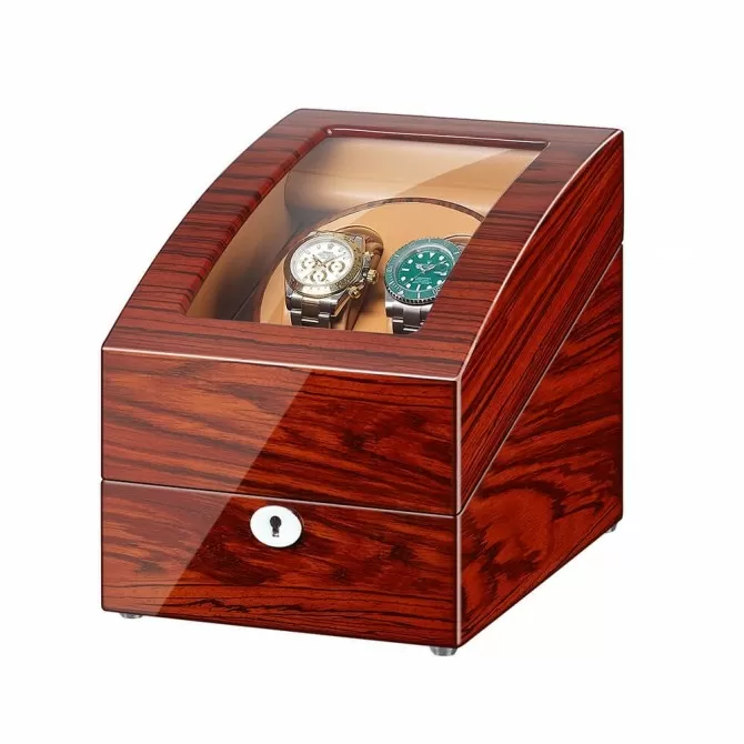 Jqueen Double Watch Winders Box Rosewood Wood Red with 3 Storages