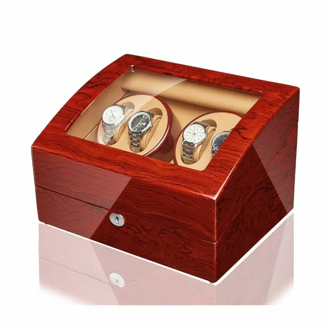 Jqueen Quad Watch Winders Box Wooden Red with 6 Storages