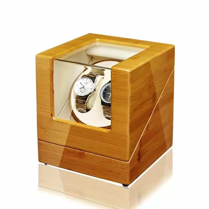 Jqueen Double Watch Winders Box Bamboo Yellow with Quiet Motor
