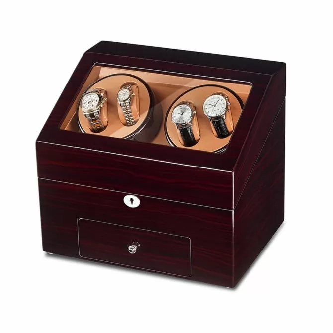 Jqueen Quad Watch Winders Box Wooden Red with 9 Storages