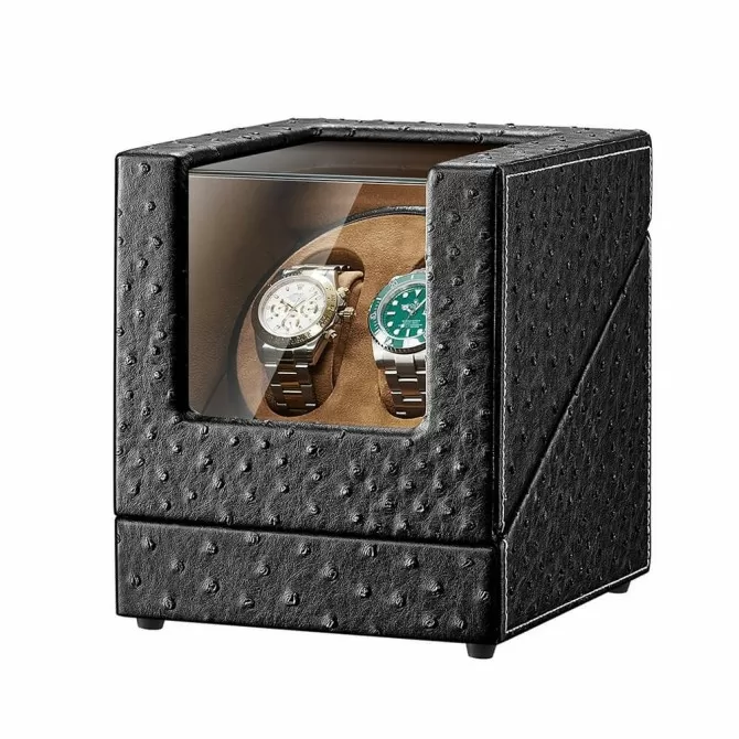 Jqueen Double Watch Winders Box with Black Ostrich Pattern Leather