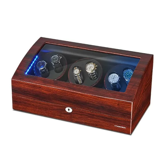 Jqueen 6 Watch Winders Box Cherry Red Wood with LED Light and 7 Storage Places