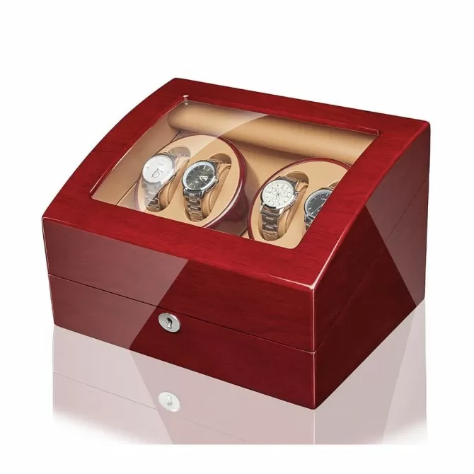Jqueen Quad Watch Winders Box Walnut Wooden with 6 Storages