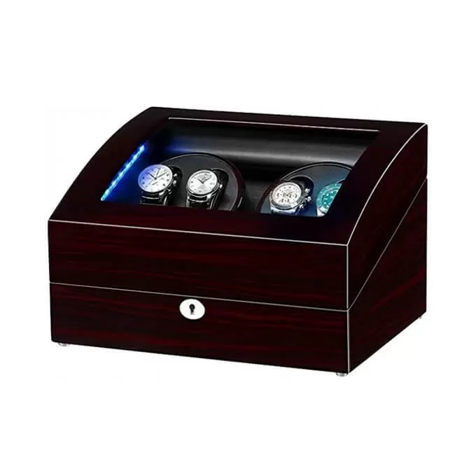 Jqueen Quad Watch Winders Box Black Ebony Wood with LED Light