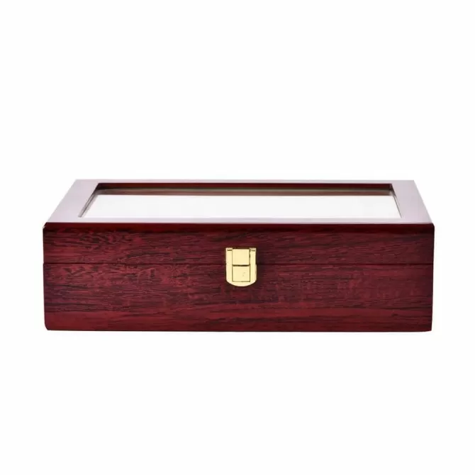 Jqueen 12 Watch Box with Wooden Cherry Red White and Large Glass Top