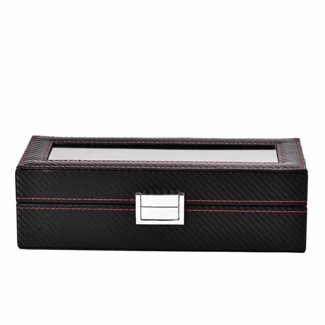 Jqueen Black Leather Watch Box 5 Slots Storage Case with Glass Top