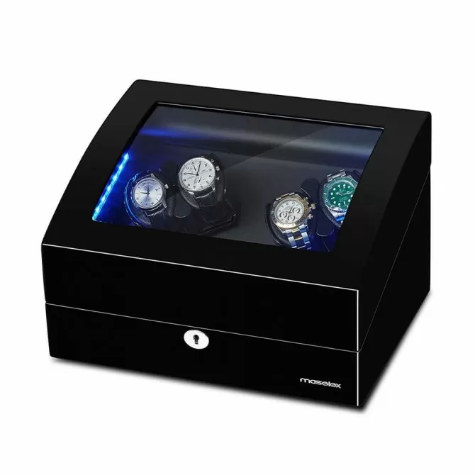 Jqueen Quad Watch Winders Box Wood Black with Blue LED Illuminated
