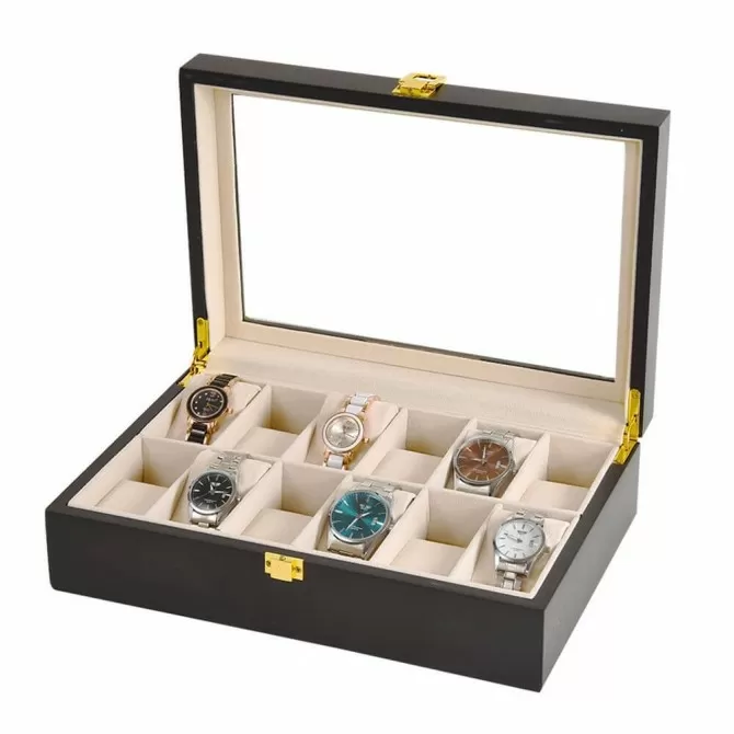 Jqueen Watch Box for Men with 12 Slot Watch Case Black Ebony Wood