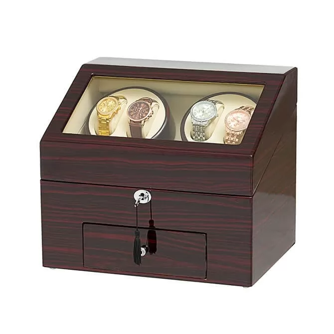 Jqueen Quad Watch Winders Box Ebony Wood Brown with 9 Storages