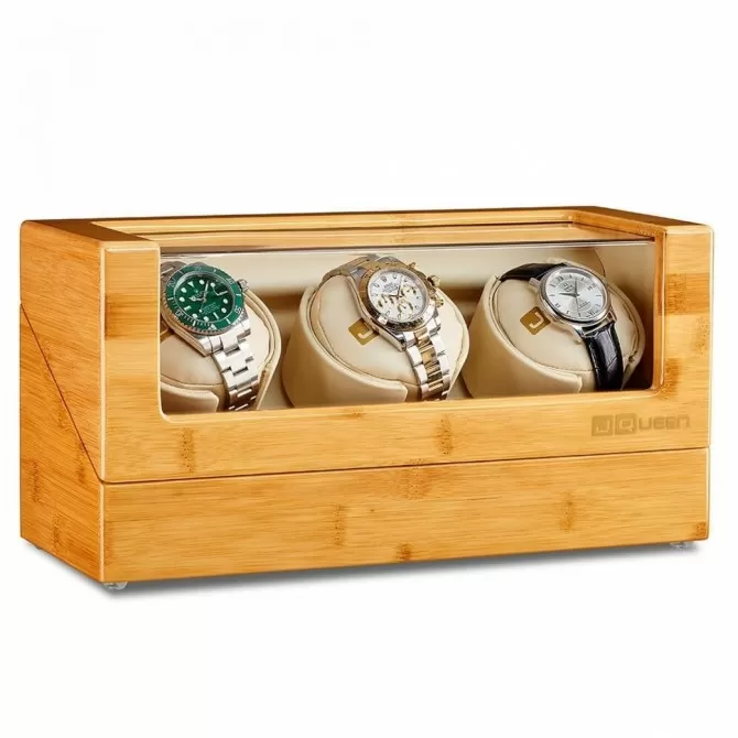 Jqueen Outlet Triple Watch Winders Box Bamboo Yellow