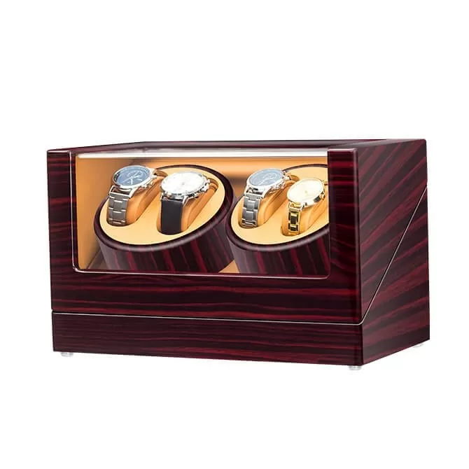 Jqueen Quad Watch Winders Box with Red-brown Wood