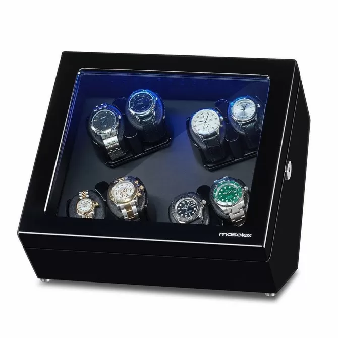 Jqueen 8 Watch Winders Box Wooden Black with LED Light