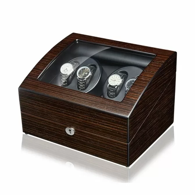 Jqueen Quad Watch Winders Box Ebony Wood Black with 6 Storages