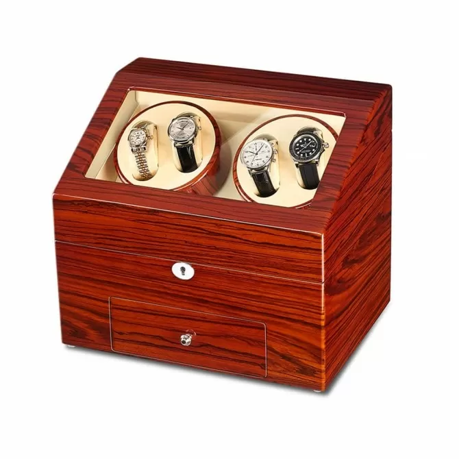 Jqueen Quad Watch Winders Box Rosewood Wood Red with 9 Storages