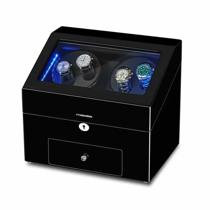 Jqueen Quad Watch Winders Box Wood Black with 9 Storages Built-in Blue LED Illuminated
