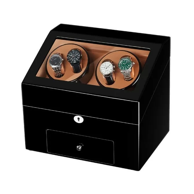 Jqueen Quad Watch Winders Box Wooden Black and Brown with 9 Storages