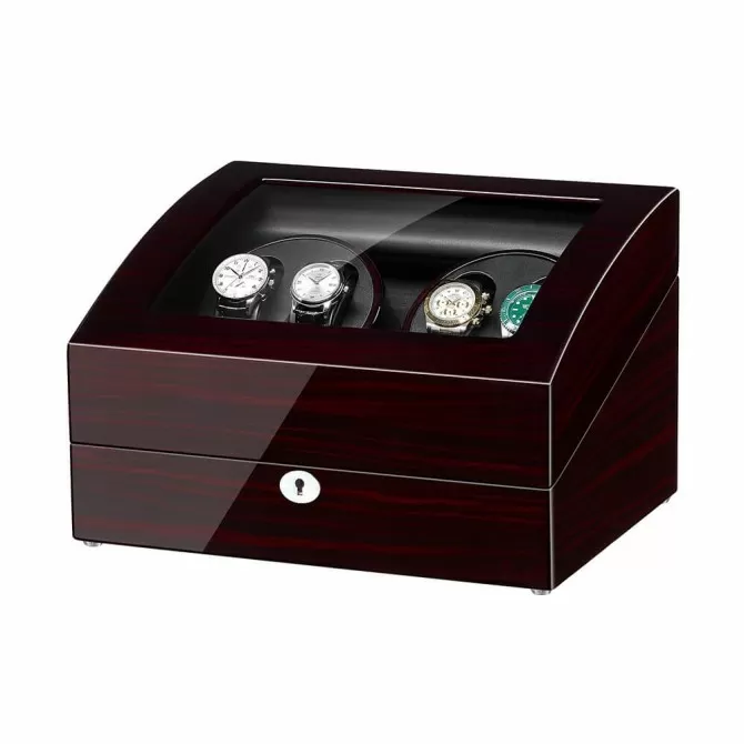 Jqueen Quad Watch Winders Box Ebony Wood Brown with 6 Storages