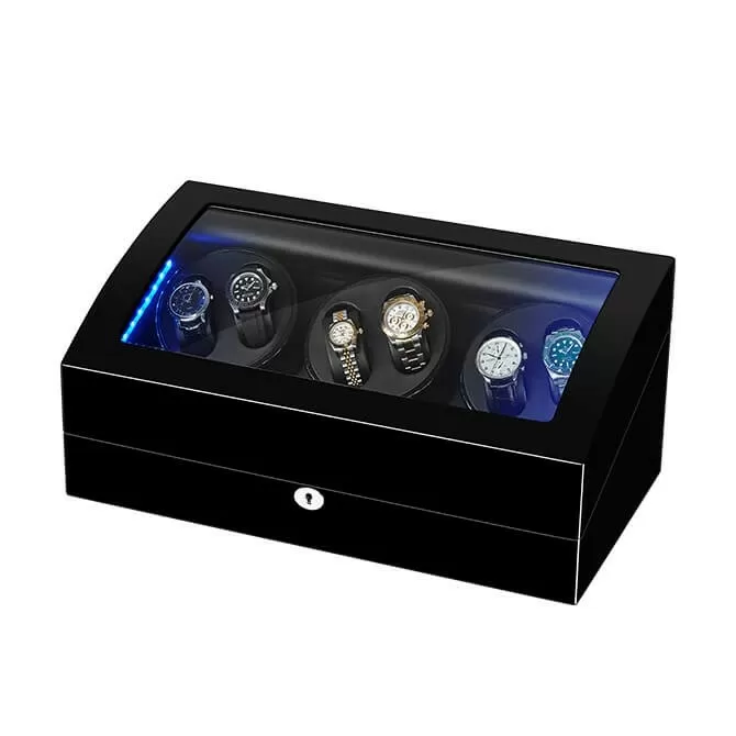 Jqueen Six Watch Winders Box Wooden Black with LED Light and 7 Storage Places