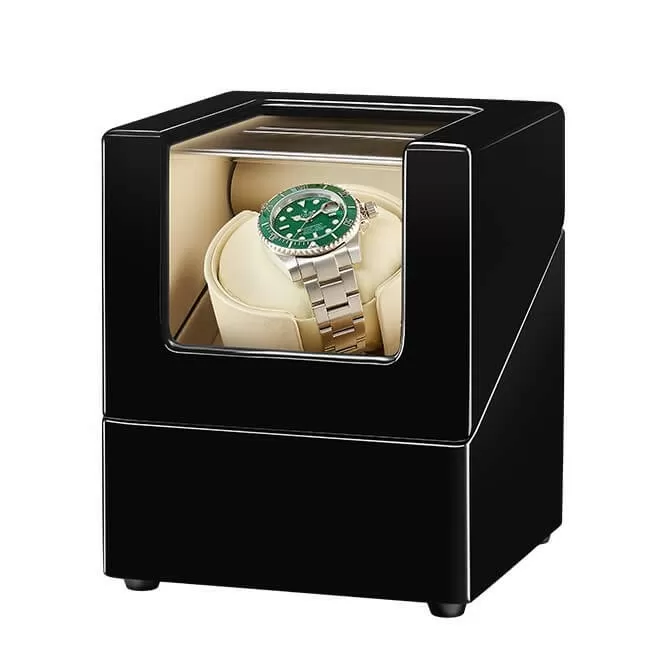 Jqueen Single Watch Winder Box Wooden Black Piano Paint and White Pillow