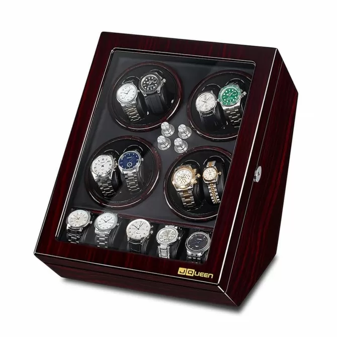 Jqueen 8 Watch Winders Box with 5 Storages Wood Ebony Built-in Illumination
