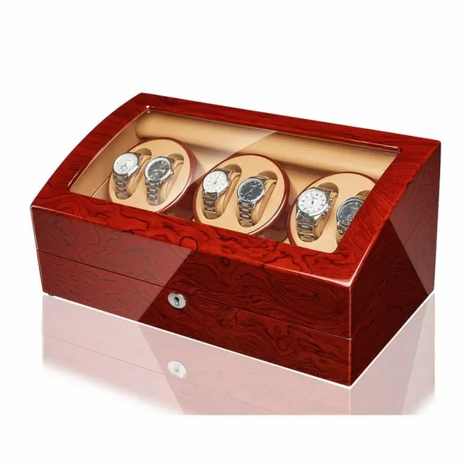 Jqueen 6 Watch Winders Red Walnut Box with 7 Storage