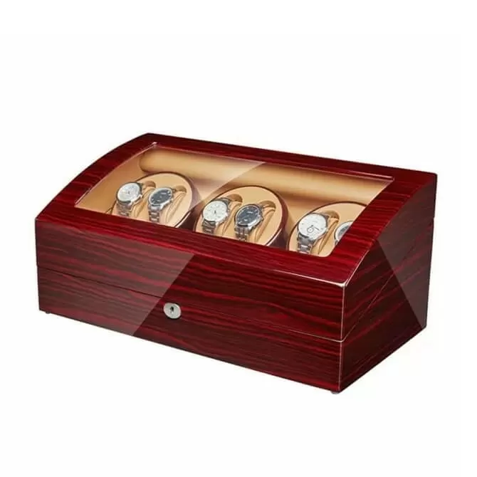Jqueen Six Watch Winders Box Ebony Wood Red with 7 Storages