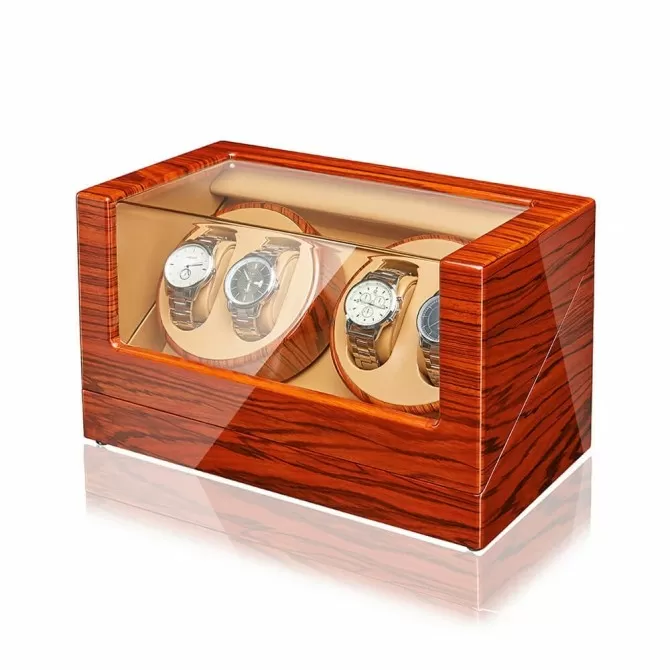 Jqueen Quad Watch Winders Rosewooden Box with Glass Top